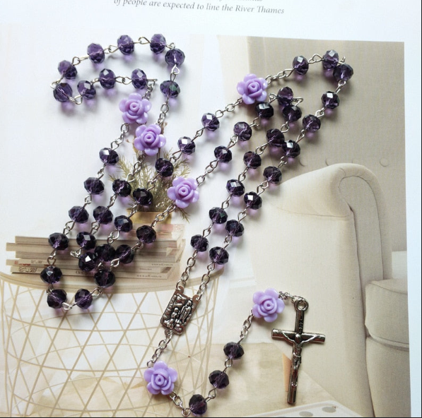 Rosary (QIGO Crystal-Pink Rose/White/Black/Red/Navy/Champagne/Purple/Blue/Yellow) 72cm